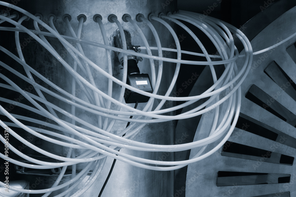 Poster A wire is wrapped around a pipe and has a black object in the middle Industrial background concept