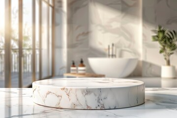 Marble podium for bathing product display on blurred bathroom background with generative ai
