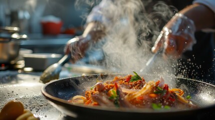 Fototapeta premium Chef preparing a colorful stir-fry in a busy indoor kitchen during a sunny afternoon
