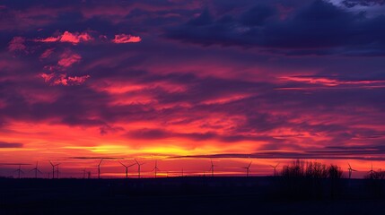 Fototapeta premium Wind turbine field at sunset, dramatic sky. 