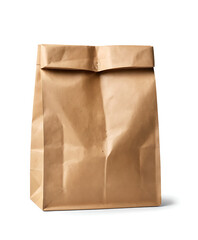 A brown paper bag, folded at the top, isolated on a white background, perfect for showcasing food delivery, grocery shopping, or eco-friendly packaging.