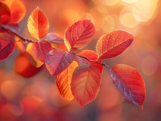 Red autumn leaves on a branch, illuminated by golden sunlight, bright and vivid, high angle, macro shot