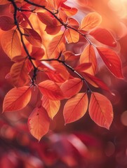 Autumn sunlight filtering through red leaves on a branch, warm tones, side view, shallow depth of field