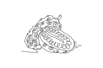 Single continuous line drawing whole half sliced healthy organic noni for orchard logo identity. Fresh tropical fruitage concept for fruit garden icon. One line draw graphic design vector illustration