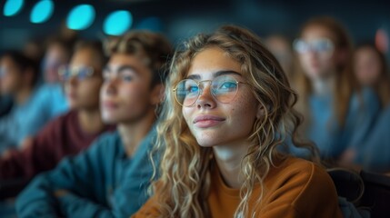 Fototapeta premium Attractive nerdy student girl with blonde hair sitting in the lecture hall with other students