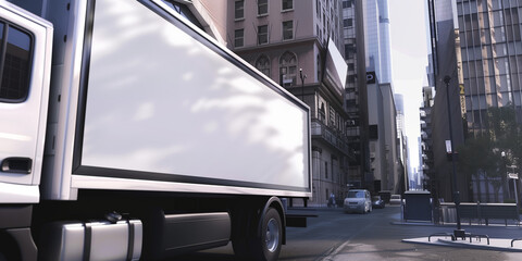 high-quality image featuring an empty poster mockup on the side of a moving truck.