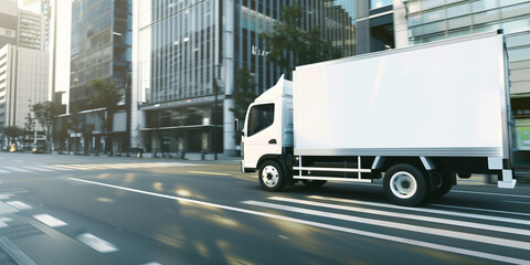 high-quality image featuring an empty poster mockup on the side of a moving truck.