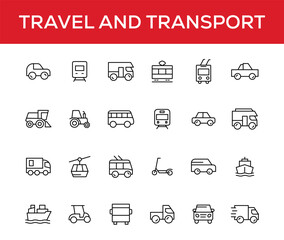 Fototapeta premium Travel and Transport line icon set. Containing car, bike, plane, train, bicycle, motorbike, bus and scooter icons. Transportation Simple line icon collections