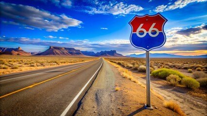 Iconic blue and red retro road sign stands alone on a desert road, symbolizing freedom and adventure on America's nostalgic Mother Road highway.
