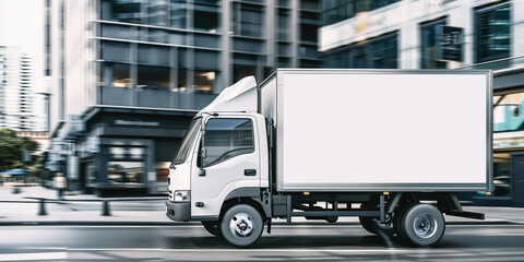 high-quality image featuring an empty poster mockup on the side of a moving truck.