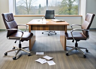 Fototapeta premium Empty office desk with two chairs, one turned over, papers scattered, and a broken pen on the floor, conveying a tense argument between colleagues.