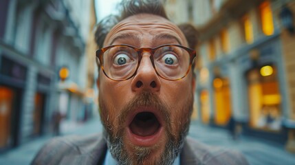 a panicked businessman looking camera 