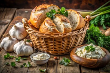 Freshly baked rustic bread overflowing from a wicker basket, surrounded by wedges of creamy cheese, sprigs of fresh parsley, and pungent garlic cloves.