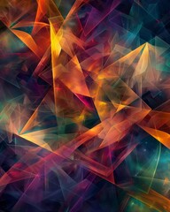 Abstract background with vibrant, overlapping geometric shapes in warm and cool colors.