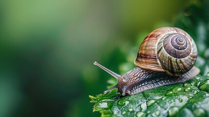 Macro shot of a snail on a leaf. 
