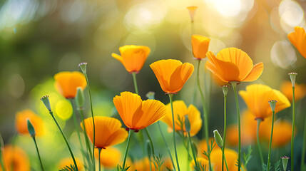 Obraz premium field of poppy red flowers,California poppy flowers in bloom, soft floral background,Illustration of a flower meadow in spring,Beautiful poppy flowers blooming in the meadow Soft focus 