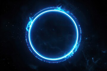 A radiant blue neon ring with a dark background, dispersing light particles in a modern, technological atmosphere.