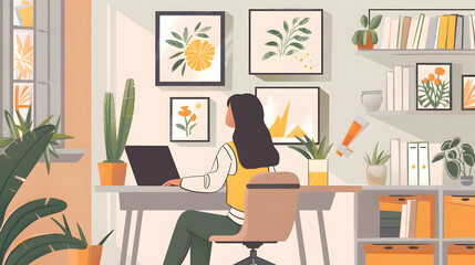 Home Office Workspace: A woman working from home in a stylish, well-lit room, with a desk, laptop, houseplants, and framed artwork on the walls, creating a productive and cozy environment.


