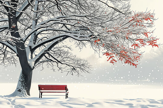 Illustration of a snowy winter scene in a park with a red bench under a leafless tree with snow on the ground.