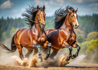 Fototapeta premium Dramatic front view of horses neck and neck in final curve, manes flowing, muscles rippling, as they vie for victory in intense horse racing scene.