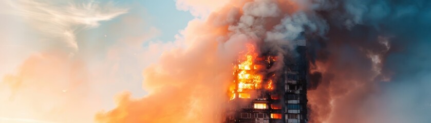 Dramatic fire engulfing a skyscraper, with thick smoke billowing against a vibrant sky at sunset, showcasing urban disaster.