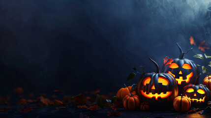 Spooky and festive atmosphere created by halloween pumpkins glowing in the night with smoke and leaves