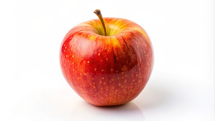 A vibrant red apple sits on a clean white surface, highlighting its smooth skin and subtle red and yellow hues