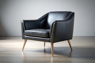 Sleek modern black armchair with curved lines, low back, and tapered legs, placed on a minimalist background, exuding sophistication and contemporary style.