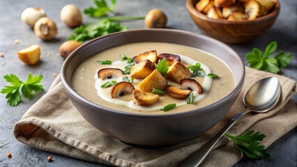 Vibrant creamy mushroom soup with crunchy croutons and fresh herbs sits atop a modern gray background, evoking warmth and comfort in this mouthwatering still life.