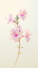 Fototapeta premium A delicate flower with translucent petals stands on its stem against a white background. Soft pastel colors and minimalism with high detail. generated AI