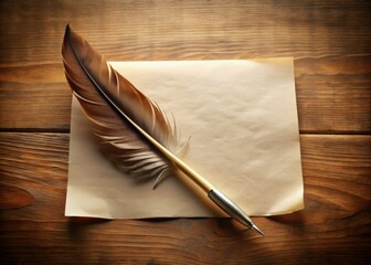 Vintage-inspired feather quill pen lies elegantly on a crisp, blank sheet of paper, waiting to create artistic masterpieces with its delicate, expressive strokes.