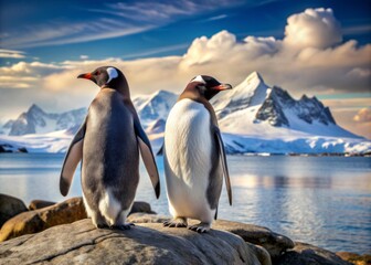 Fototapeta premium Two adorable penguins stand side by side on weathered rocks, gazing out at a serene ocean scene with icing sugar snow-capped mountains in background.