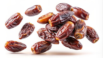 Delicious Medjool dates tumble gracefully across a white backdrop, showcasing their rich texture and deep brown hue