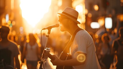 Street performers entertaining crowds at a lively summer festival with live music and dance