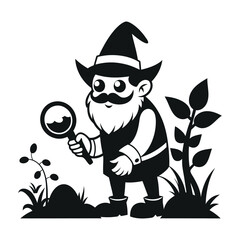 fantastic gnome in the garden and in search of treasure Vector. Laser cutting poses fairytale dwarf elf. Isolated vector illustration on white background.