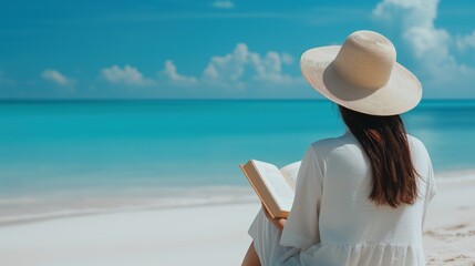 Serene Asian Woman Reading a Book on Sandy Beach with Ocean View