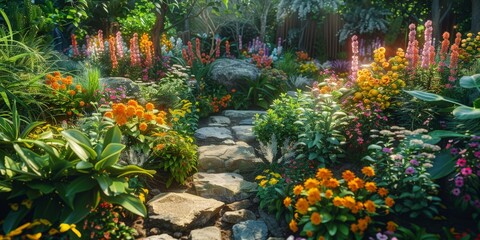 Obraz premium Tranquil Garden Oasis Bursting with Colorful Flowers