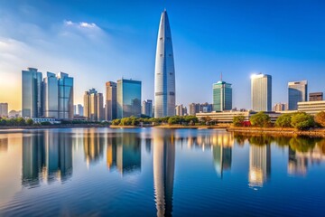 Obraz premium Stunning vista of downtown Seoul featuring a modern skyscraper by the lake against a clear blue sky. Seoul, a prominent tourist destination in Asia.