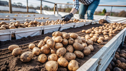 Workers sort freshly harvested potatoes on a farm, arranging them in rows under the bright afternoon sunlight