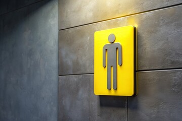 A bright yellow sign featuring a simple male silhouette is affixed to a drab gray restroom wall, creating a striking visual contrast in a sterile environment.