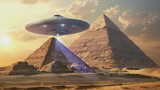 UFO hovering over Egyptian pyramids in the desert, showcasing a surreal blend of ancient wonders and sci-fi mystery