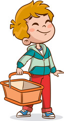 cute little boy carry basket full of groceries