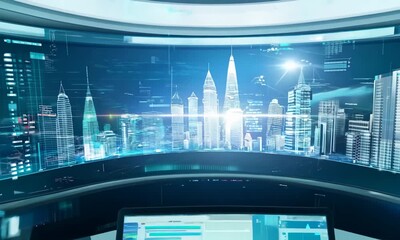 Immerse in a cutting-edge control center featuring a stunning holographic cityscape. Technology and urban planning