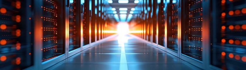 Futuristic server room hallway with glowing lights and advanced technology, showcasing digital infrastructure and modern design.