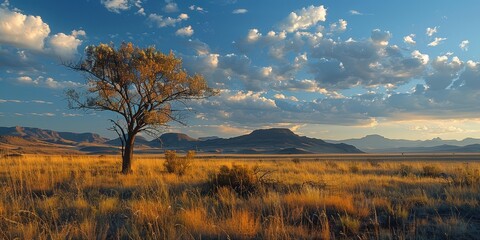 Obraz premium Breathtaking Autumnal Landscape with Lone Tree and Mountain Backdrop