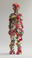 Silhouette of human figure covered in flowers on a neutral background.