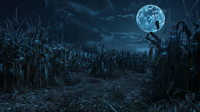 The dark and mysterious ambiance of a moonlit cornfield creates an eerie atmosphere