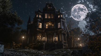Obraz premium Spooky victorian haunted house stands on a hill beneath the full moon at night, ideal for halloween-themed projects
