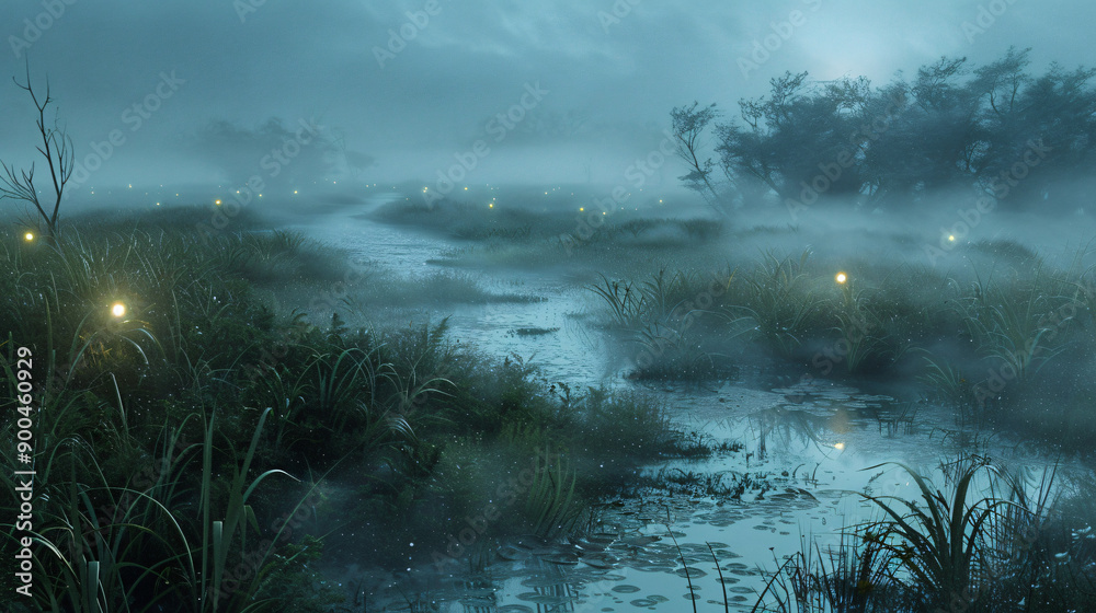 Poster fog floating over a swamp at night with fireflies glowing around a small river