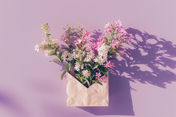 Envelope with flowers inside, purple background